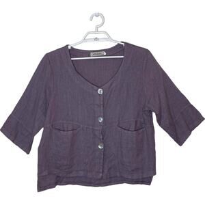 ELLAMODA Italy Purple 100% Linen Boxy Button Up Blouse Boho Lagenlook Artsy S/M‎
